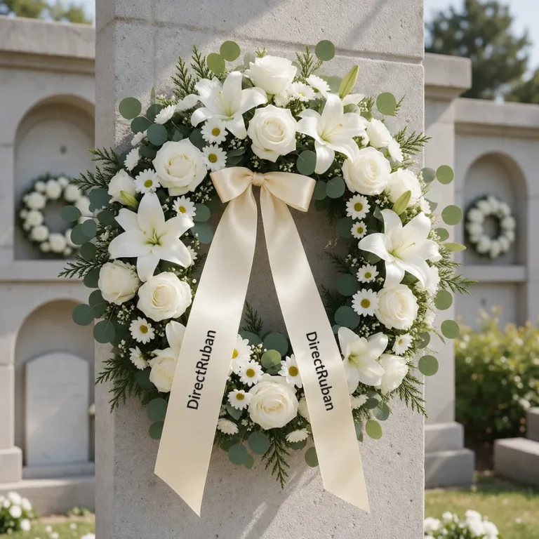 Couronne de deuil de fleurs blanches barrée d'un ruban satin crème 38 mm imprimé DirectRuban en noir