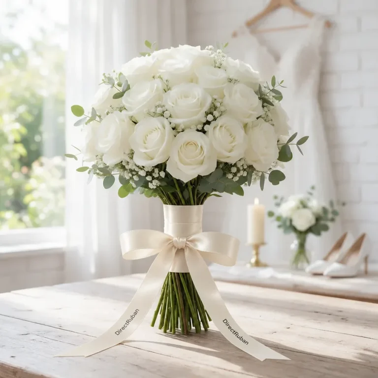 Bouquet de mariée aux tiges gainées d'un ruban satin crème imprimé DirectRuban en noir