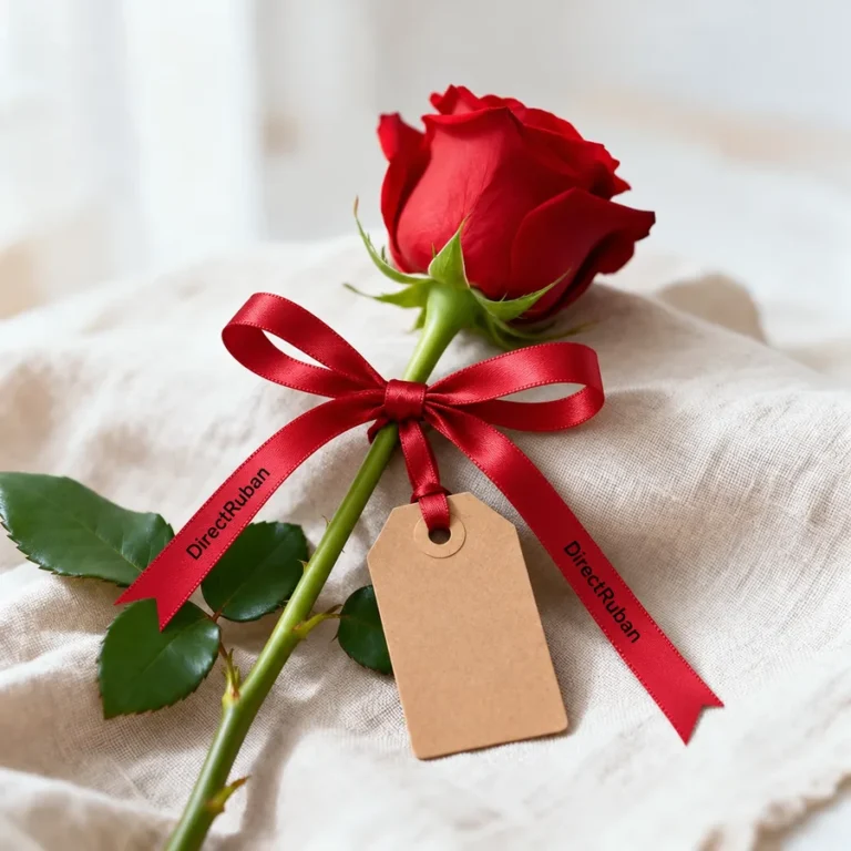 Rose rouge et étiquette kraft attachées d'un fin ruban satin rouge imprimé DirectRuban en noir