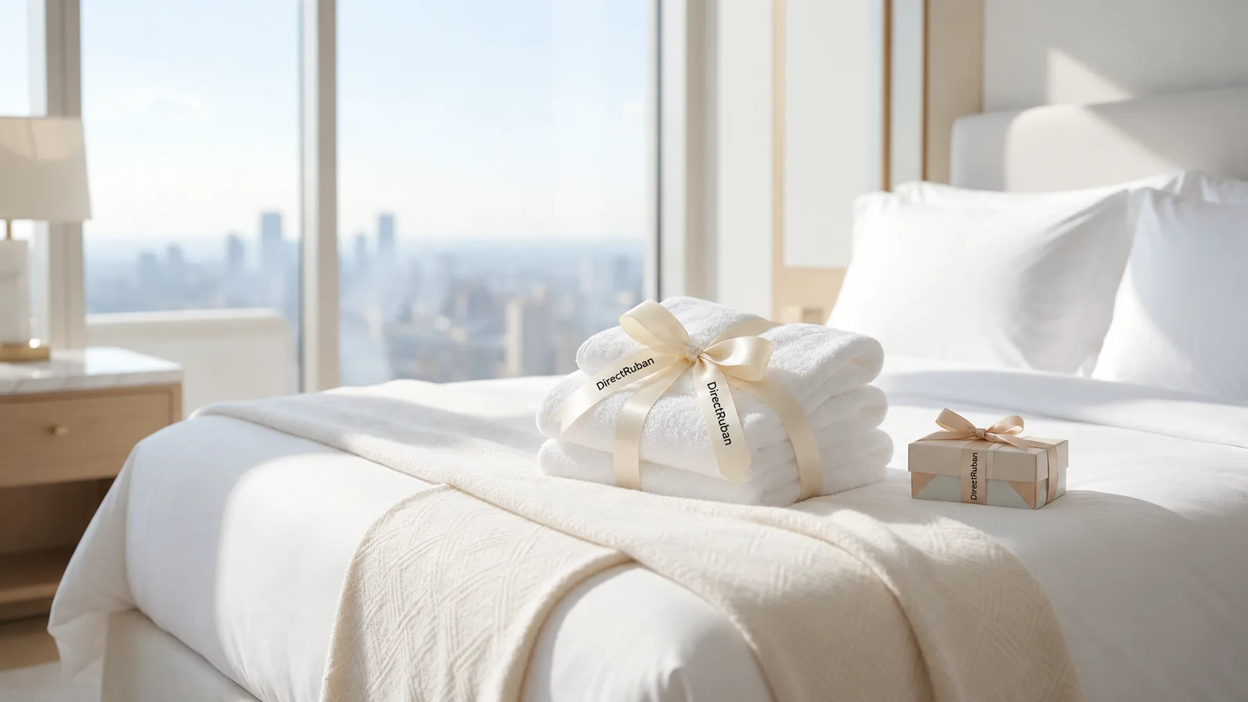 Chambre d'hôtel : serviettes et petit coffret noués d'un ruban satin crème imprimé DirectRuban en noir