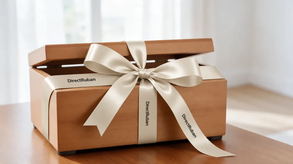 Coffret d'accueil en bois dont on dénoue le ruban satin crème imprimé DirectRuban en noir