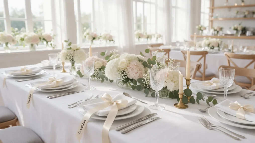Table de réception dressée : serviettes blanches nouées d'un ruban satin crème imprimé DirectRuban en noir, bouquets et bougies