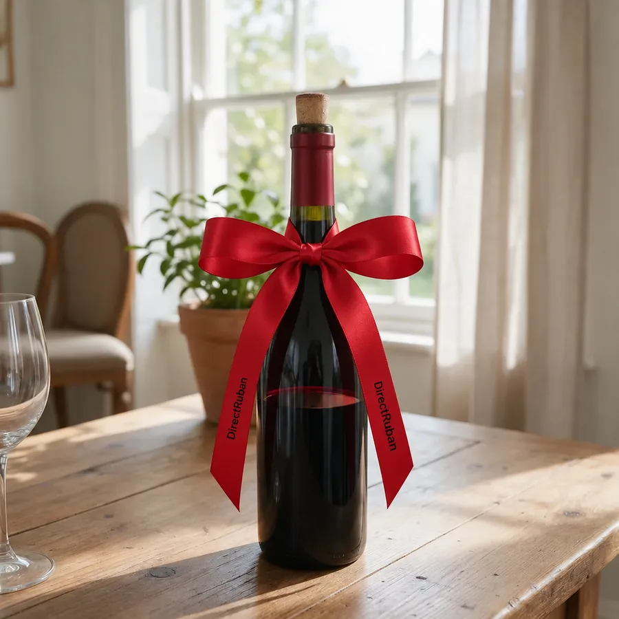 Bouteille de vin rouge ornée au col d'un nœud de ruban satin rouge imprimé DirectRuban en noir, sur une table en bois