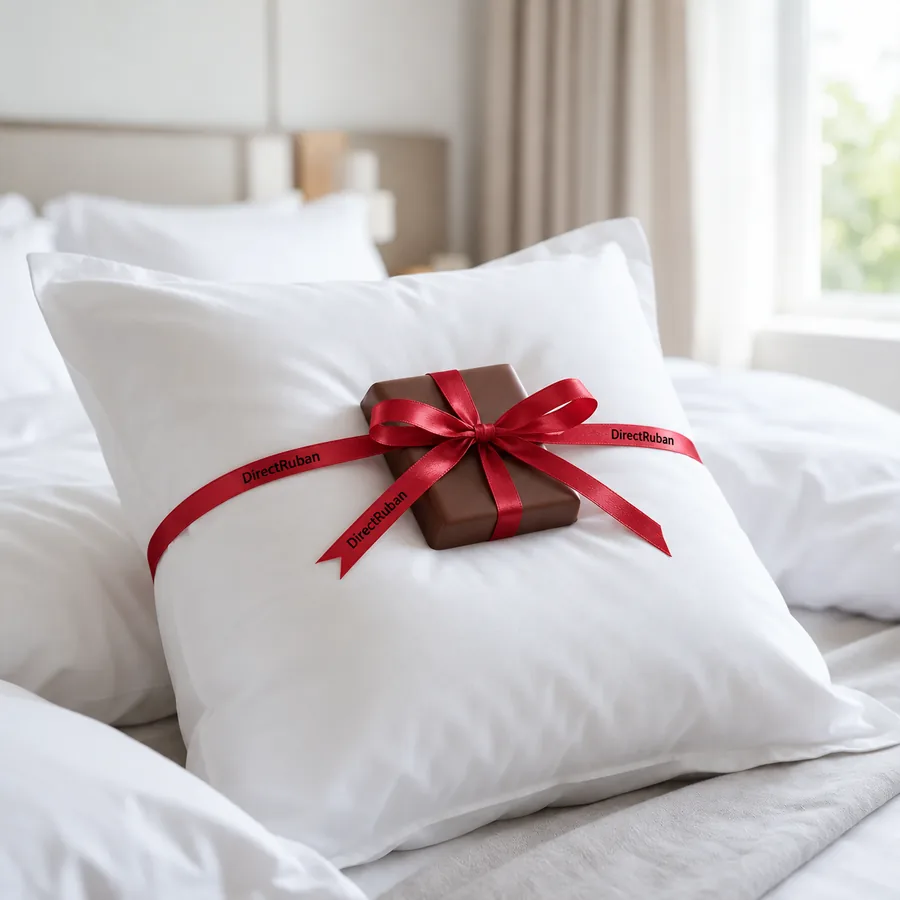 Oreiller blanc d'une chambre d'hôtel, avec un chocolat noué d'un ruban satin rouge imprimé DirectRuban en noir
