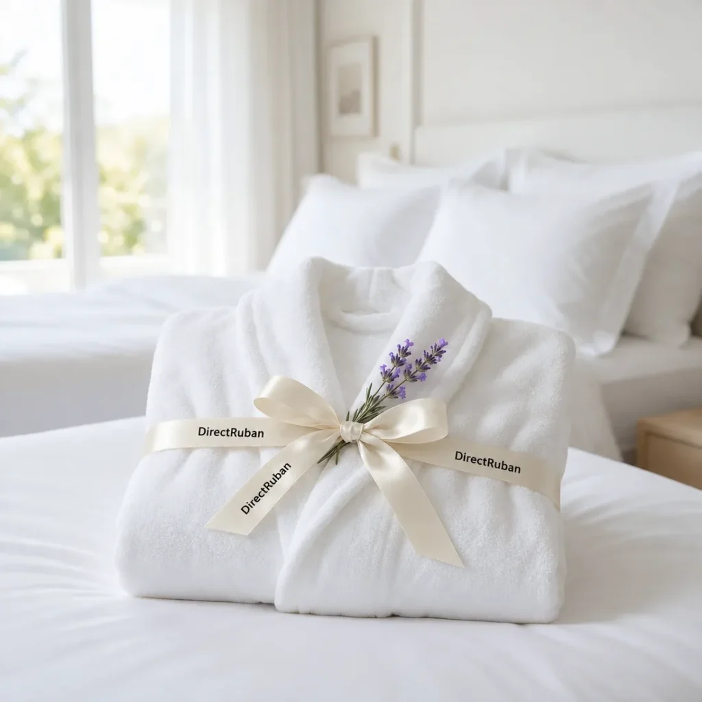 Peignoir plié sur un lit d'hôtel, noué d'un ruban satin crème imprimé DirectRuban en noir