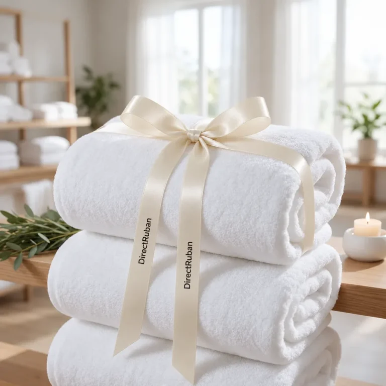 Serviettes de bain roulées et nouées d'un ruban satin crème imprimé DirectRuban en noir