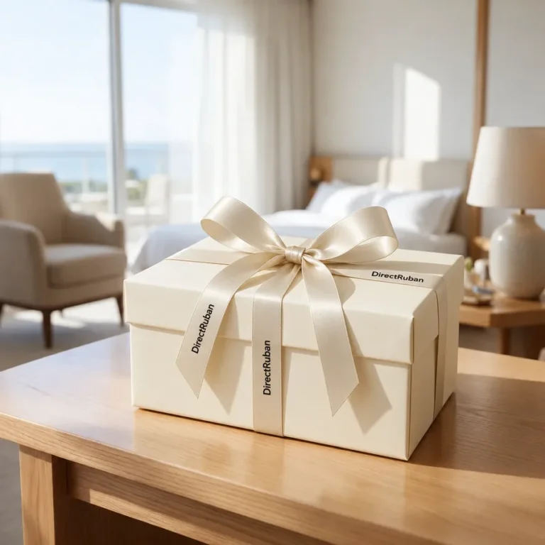 Coffret d'accueil sur le bureau d'une chambre, noué d'un ruban satin crème imprimé DirectRuban en noir