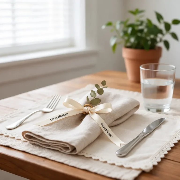Serviette de table en lin nouée d'un ruban satin crème imprimé DirectRuban en noir
