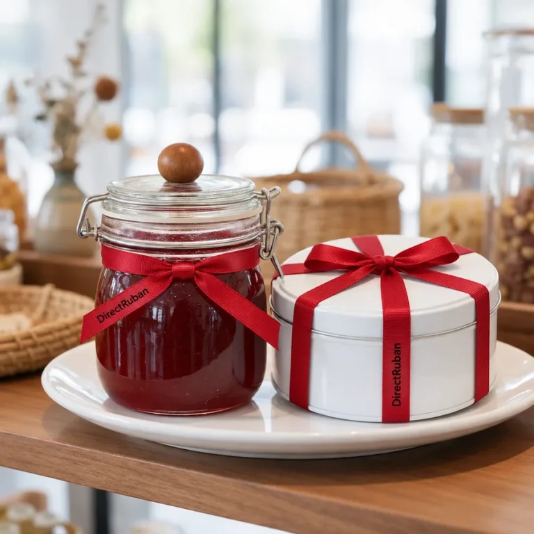 Pot de confiture et boîte de biscuits noués d'un ruban satin rouge imprimé DirectRuban en noir