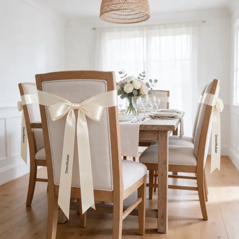 Salle à manger : dossiers de chaises ornés d'un grand nœud de ruban satin crème imprimé DirectRuban en noir, table dressée