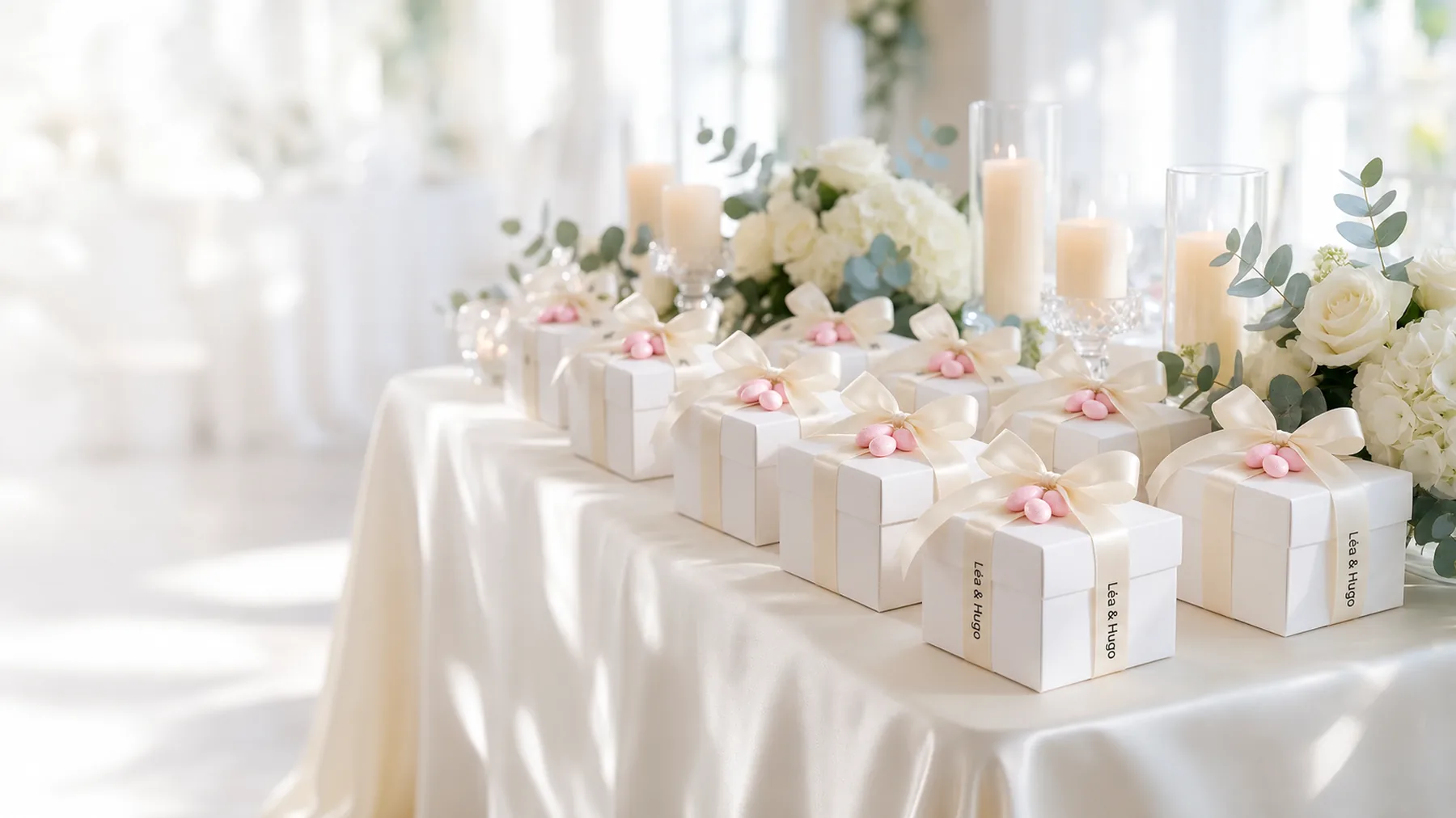 Table de mariage : boîtes à dragées nouées de rubans satin crème imprimés Léa & Hugo en noir