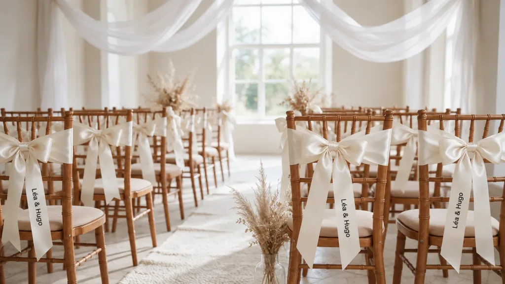 Allée de cérémonie de mariage : chaises en bois ornées de grands nœuds en ruban satin crème imprimés Léa & Hugo en noir