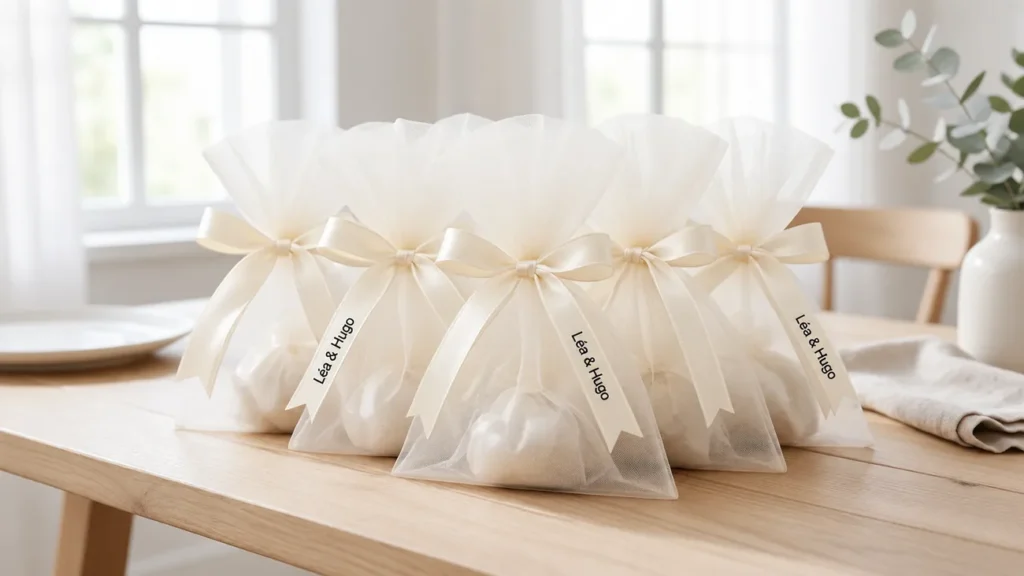 Sachets à dragées en tulle crème fermés par des nœuds de ruban satin crème imprimés Léa & Hugo en noir, sur une table en bois