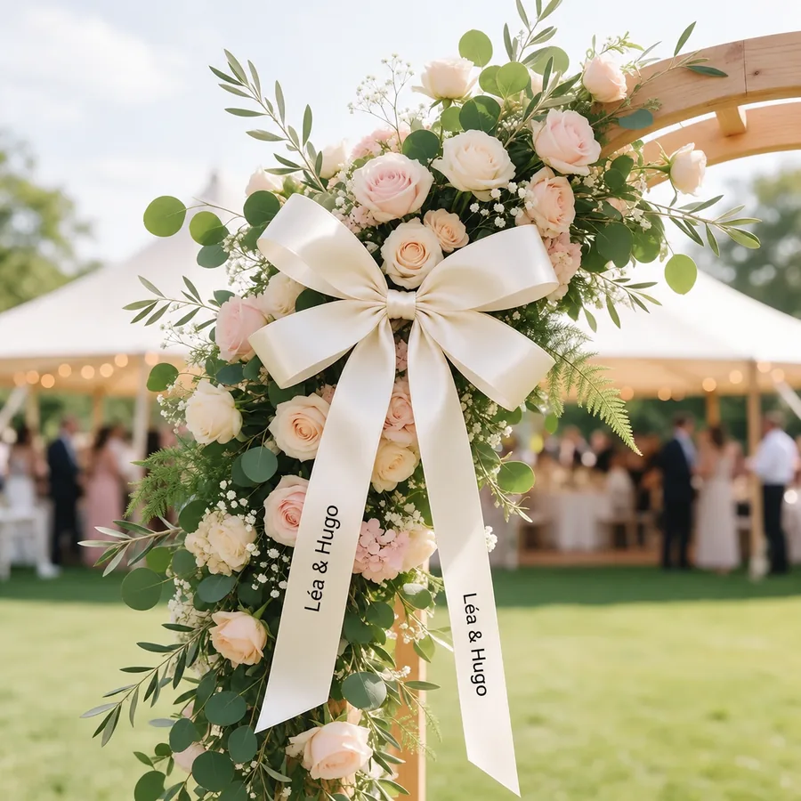 Arche de mariage fleurie de roses pâles, grand nœud en ruban satin crème imprimé Léa & Hugo en noir, invités sous la tente