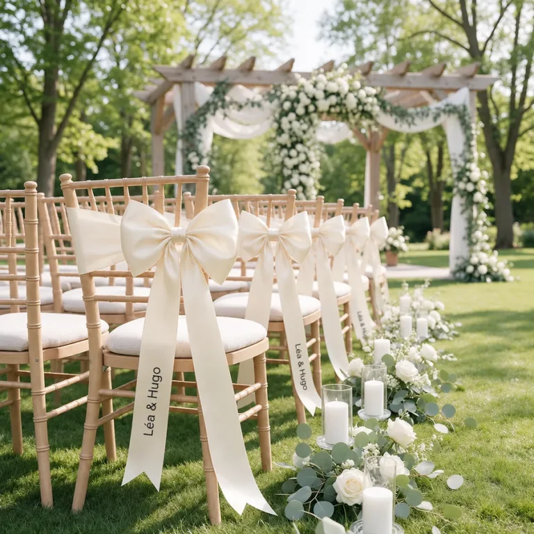 Cérémonie de mariage en plein air : chaises en bois ornées de nœuds en ruban satin crème imprimés Léa & Hugo en noir, arche fleurie