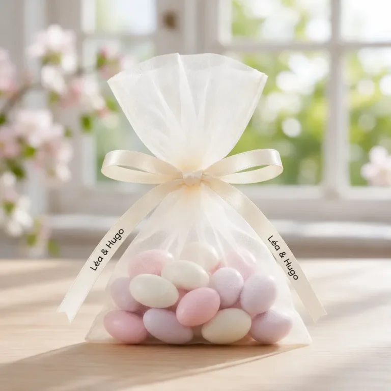 Sachet en organza crème rempli de dragées roses et blanches, fermé d'un nœud en ruban satin crème imprimé Léa & Hugo en noir