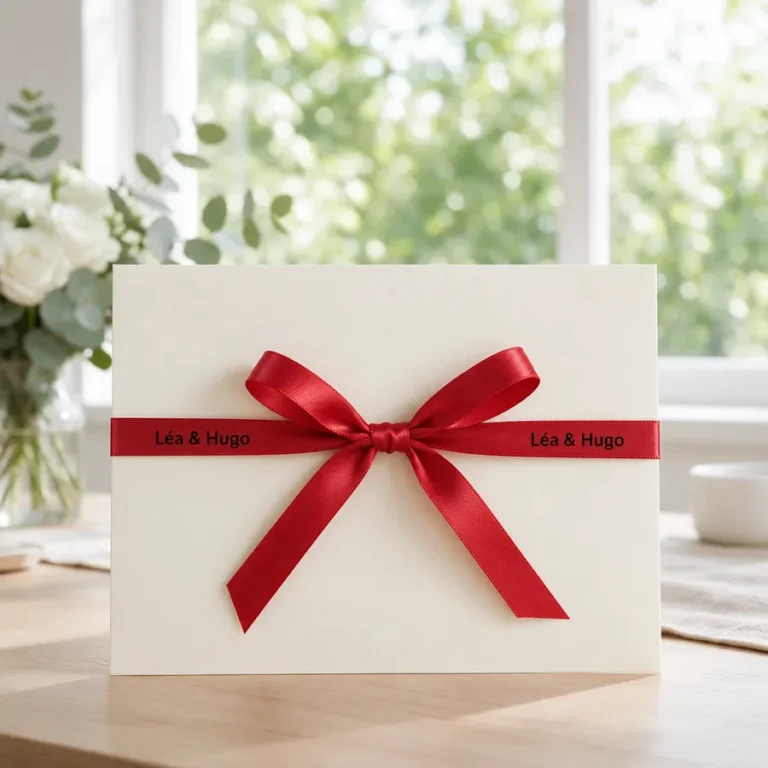 Faire-part de mariage crème noué d'un ruban satin rouge imprimé Léa & Hugo en noir, bouquet de roses blanches à côté