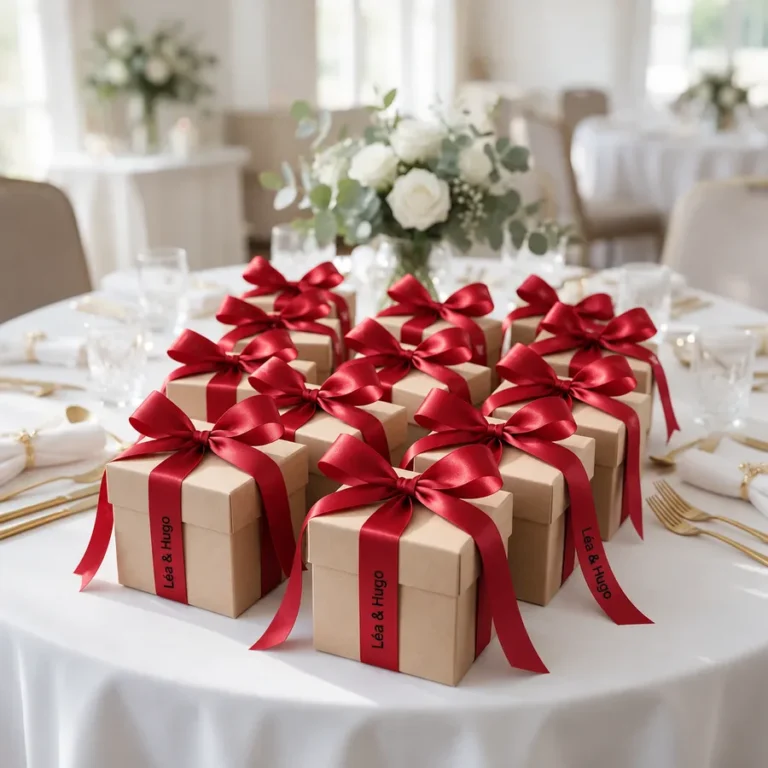 Table de mariage : boîtes kraft nouées de rubans satin rouges imprimés Léa & Hugo en noir, centre de table de roses blanches