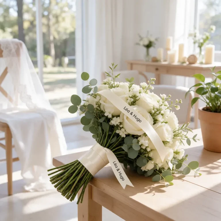 Bouquet de mariée de roses blanches et d'eucalyptus, tiges entourées d'un ruban satin crème imprimé Léa & Hugo en noir