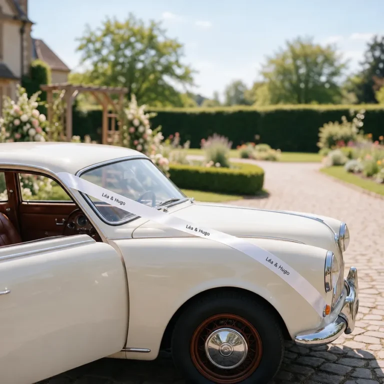 Voiture ancienne crème de mariage barrée d'un ruban satin blanc imprimé Léa & Hugo en noir, devant un jardin fleuri