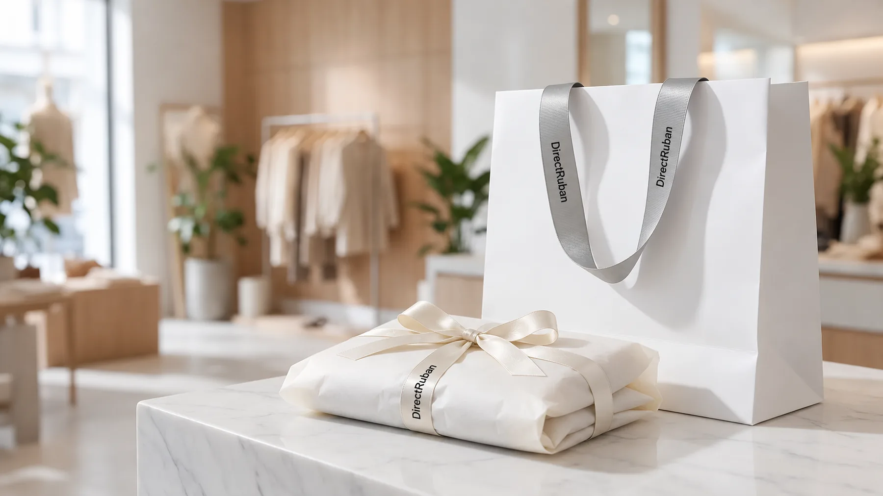 Boutique de mode : sac blanc aux anses en ruban satin gris perle et paquet noué d'un ruban satin crème, imprimés DirectRuban en noir