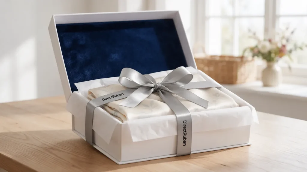 Coffret blanc doublé de velours bleu marine, étoffe pliée nouée d'un ruban satin gris perle imprimé DirectRuban en noir