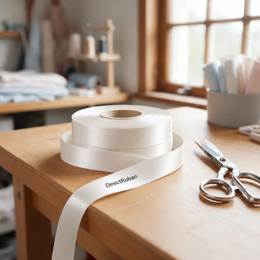 Rouleau de ruban satin blanc imprimé DirectRuban en noir posé sur une table d'atelier de couture, à côté d'une paire de ciseaux