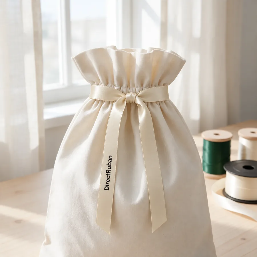 Pochon en coton écru fermé par un nœud de ruban satin crème imprimé DirectRuban en noir, bobines de ruban sur la table