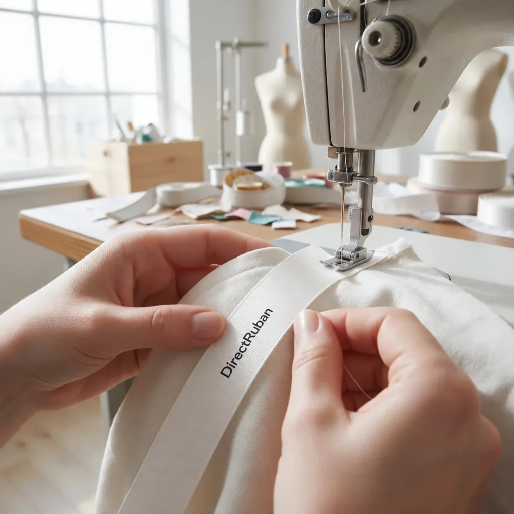 Mains guidant un ruban satin blanc imprimé DirectRuban en noir sous le pied d'une machine à coudre, dans un atelier de couture