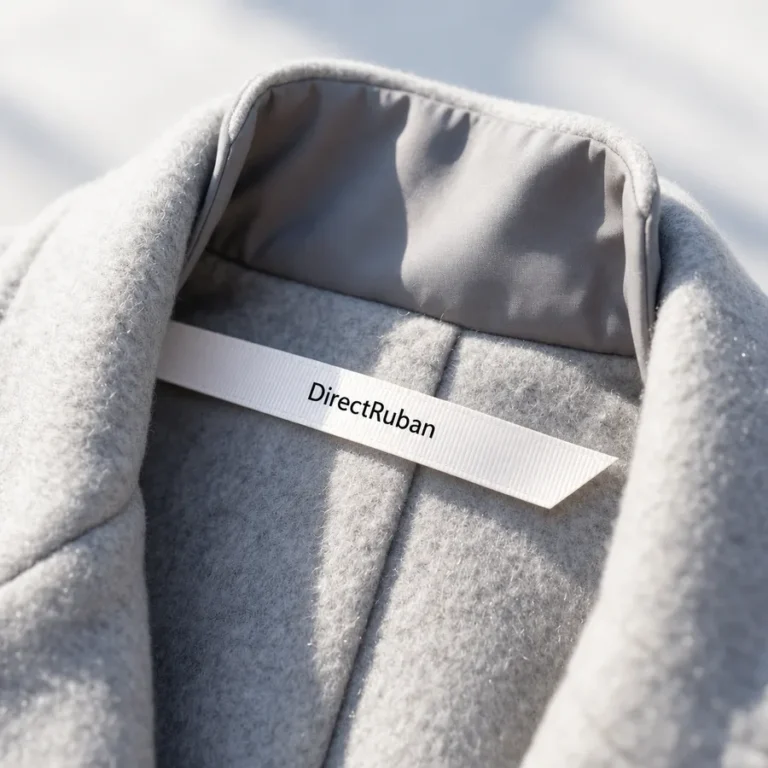 Étiquette en ruban satin blanc imprimé DirectRuban en noir posée à l'encolure d'un manteau en laine gris clair