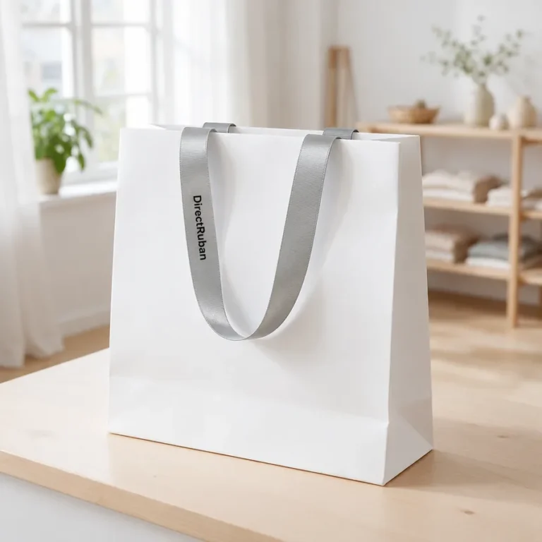 Sac en papier blanc aux anses en ruban satin gris perle imprimé DirectRuban en noir, posé sur une table de boutique de vêtements
