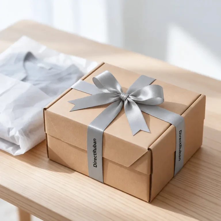 Boîte en carton kraft nouée d'un ruban satin gris perle imprimé DirectRuban en noir, à côté d'un tee-shirt gris plié dans du papier de soie