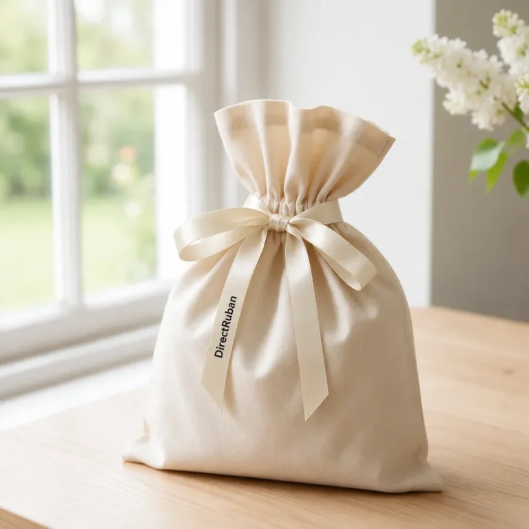 Pochon en coton écru fermé par un nœud de ruban satin crème imprimé DirectRuban en noir, près d'une fenêtre et de fleurs blanches