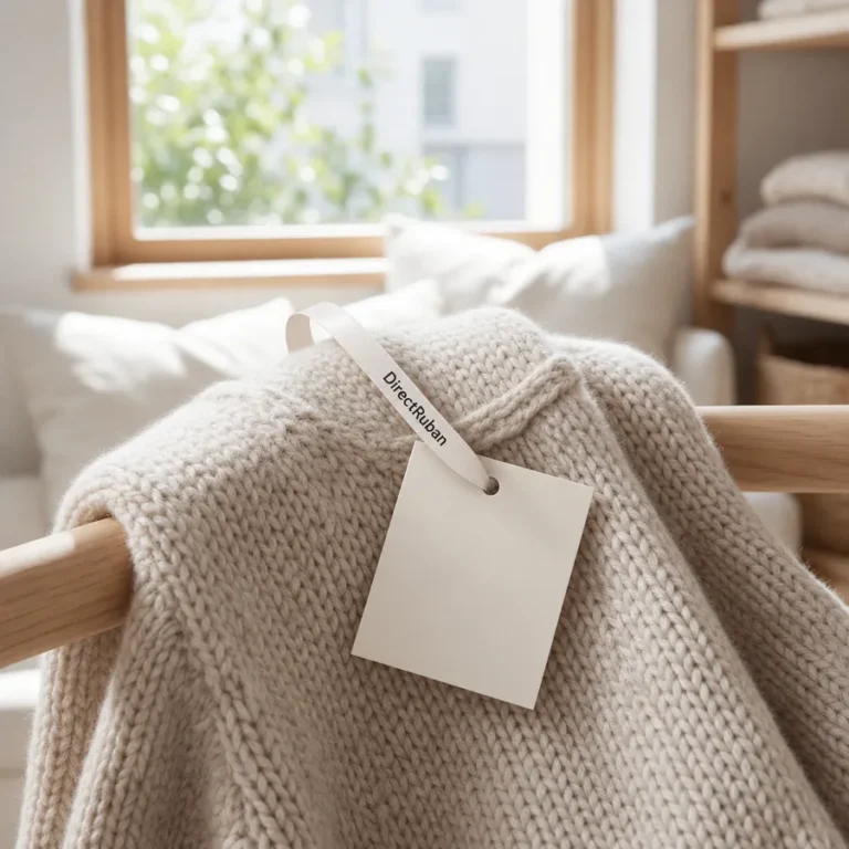 Pull en maille beige sur un portant, étiquette blanche attachée par un ruban satin blanc imprimé DirectRuban en noir