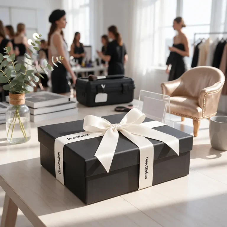 Boîte noire nouée d'un ruban satin blanc imprimé DirectRuban en noir, sur une table dans les coulisses d'un défilé de mode