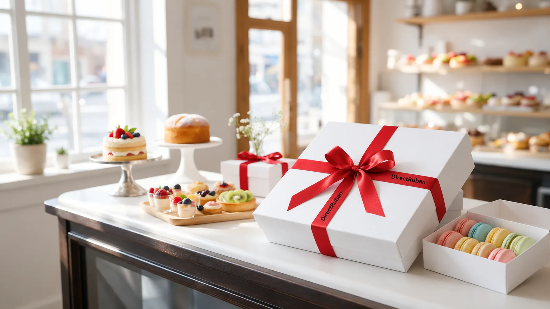 Comptoir de pâtisserie : boîtes blanches nouées d'un ruban satin rouge imprimé DirectRuban en noir, macarons et gâteaux