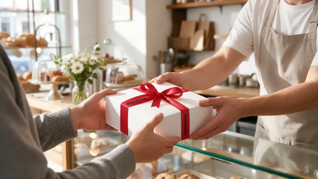 Boîte blanche nouée d'un ruban satin rouge imprimé DirectRuban en noir, tendue par un pâtissier à un client au comptoir