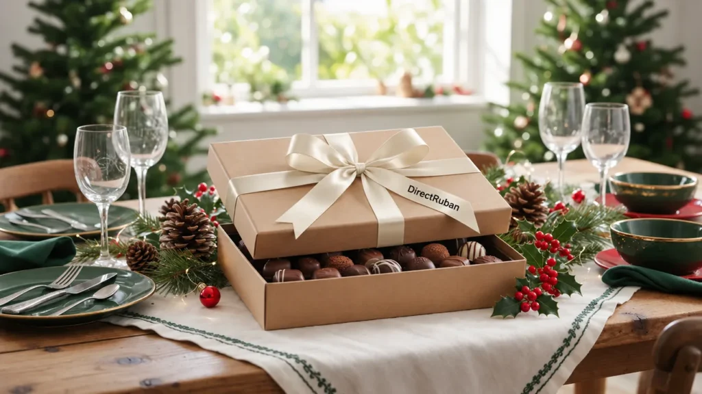 Boîte kraft de chocolats nouée d'un ruban satin crème imprimé DirectRuban en noir, sur une table de fête dressée pour Noël