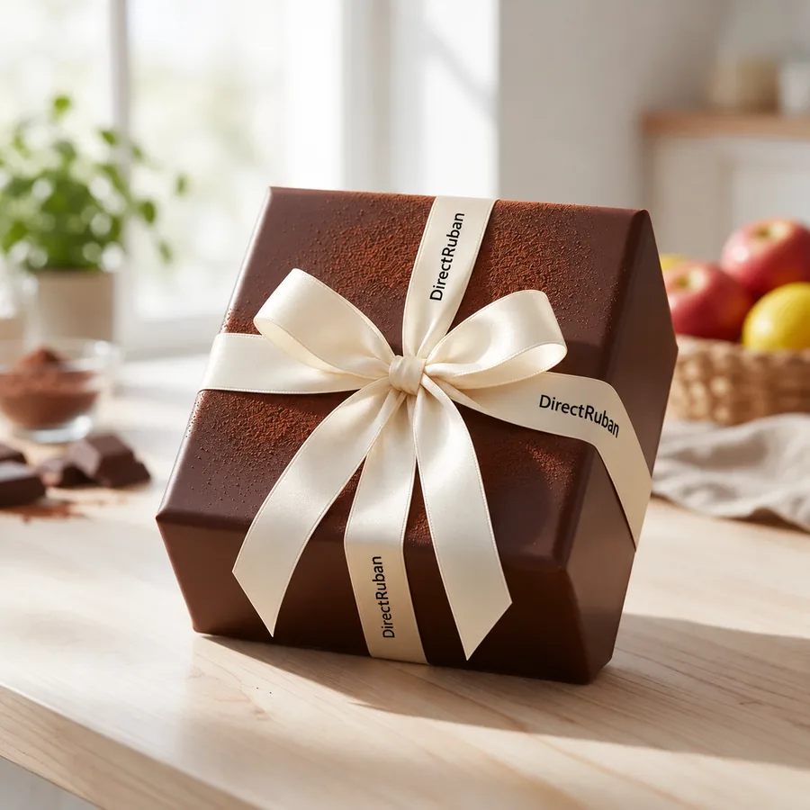 Paquet brun chocolat poudré de cacao, noué d'un ruban satin crème imprimé DirectRuban en noir, sur un plan de travail en bois