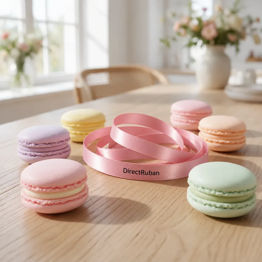 Ruban satin rose imprimé DirectRuban en noir enroulé sur une table en bois, entouré de macarons aux couleurs pastel