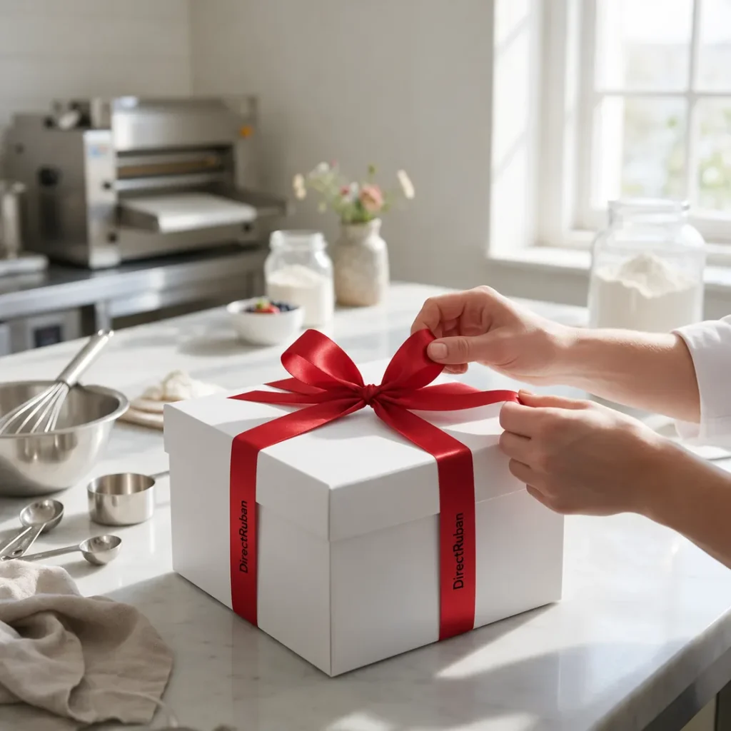 Mains nouant un ruban satin rouge imprimé DirectRuban en noir sur une boîte à gâteau blanche, dans un laboratoire de pâtisserie