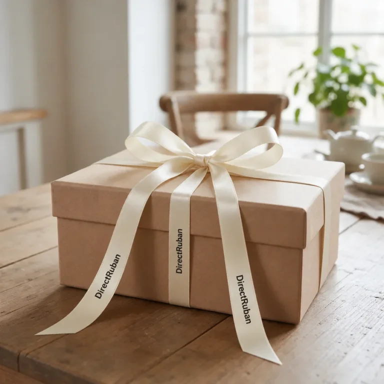 Boîte en carton kraft nouée d'un grand nœud de ruban satin crème imprimé DirectRuban en noir, sur une table en bois