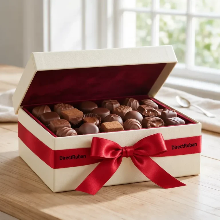 Coffret crème ouvert sur des chocolats assortis, ceint d'un ruban satin rouge noué imprimé DirectRuban en noir