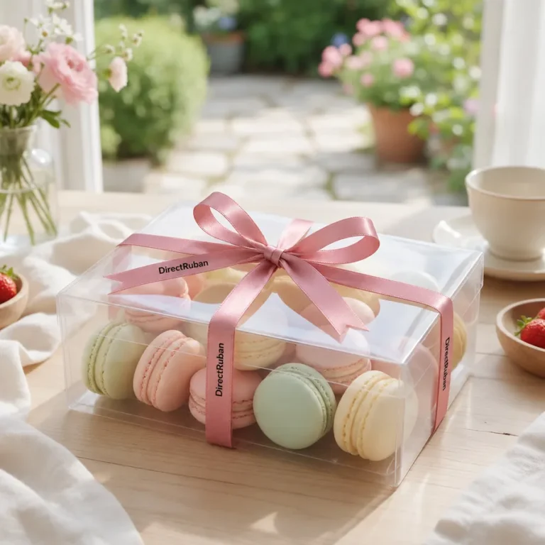Boîte transparente de macarons pastel nouée d'un ruban satin rose imprimé DirectRuban en noir, sur une table près d'un jardin