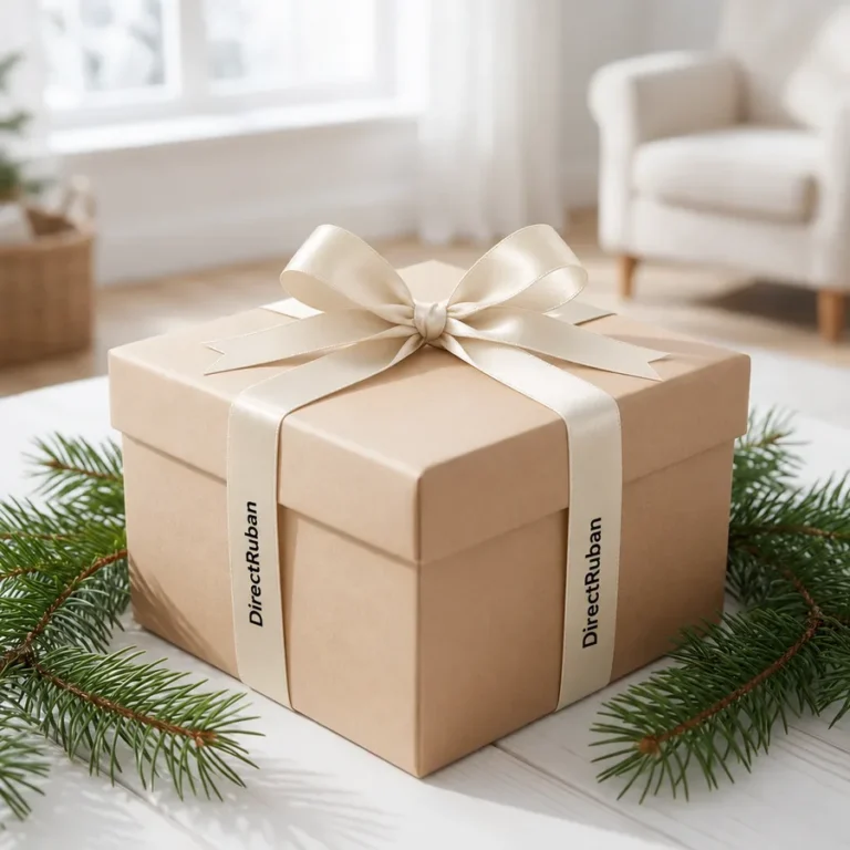 Boîte en carton kraft nouée d'un ruban satin crème imprimé DirectRuban en noir, posée entre des branches de sapin
