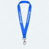 Tour de cou personnalisé bleu imprimé du logo DirectRuban en blanc, avec mousqueton