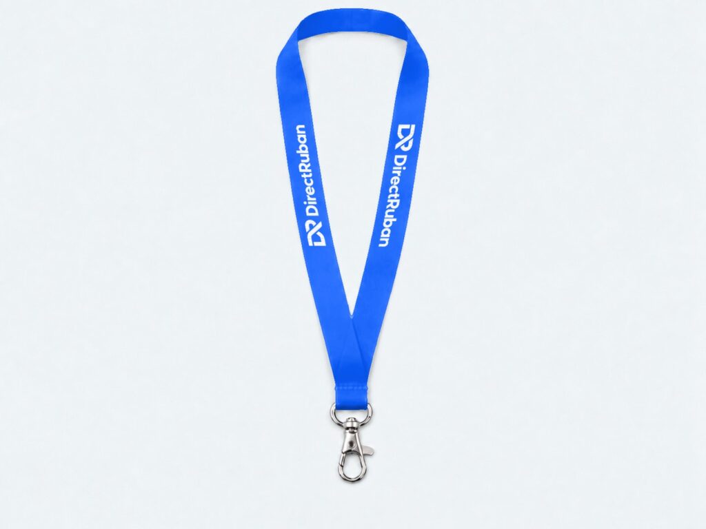 Tour de cou personnalisé bleu imprimé du logo DirectRuban en blanc, avec mousqueton