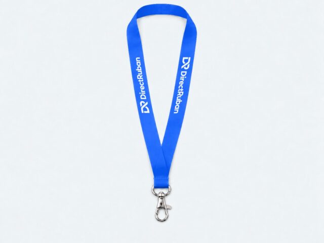 Tour de cou personnalisé bleu imprimé du logo DirectRuban en blanc, avec mousqueton